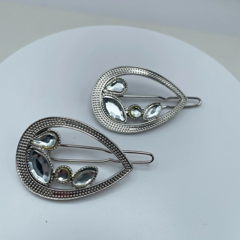 Vintage 80s Teardrop Hair Clips Set Gold & Silver Tone Rhinestone Bobby Pins Y2K